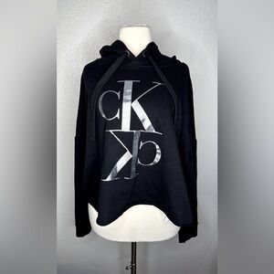 Calvin Klein Jeans Black Cropped Hoodie L | CK Metallic Logo Y2K Streetwear